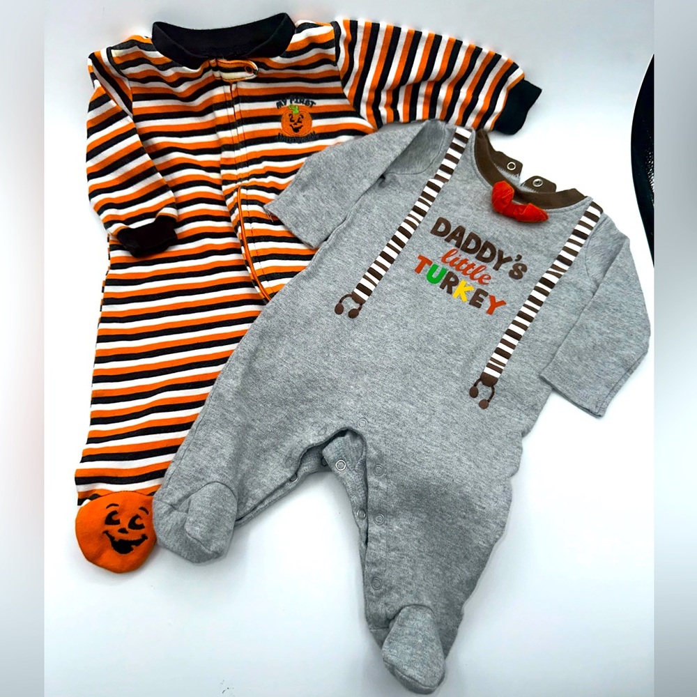 Halloween Thanksgiving Sleepers Footed 0-3Months (faded, Signs of Wear)
